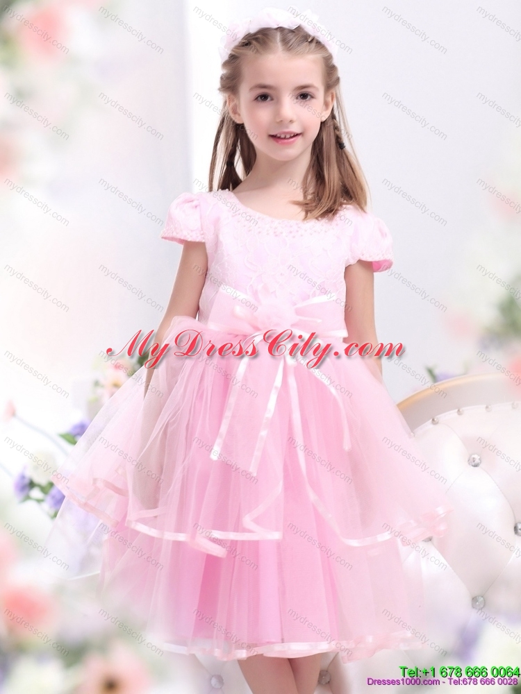 Latest Bownot and Appliques 2015 Flower Girl Dresses in Rose Pink