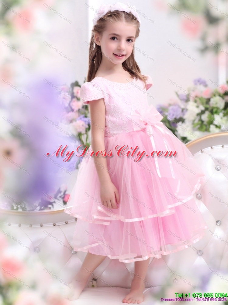 Latest Bownot and Appliques 2015 Flower Girl Dresses in Rose Pink