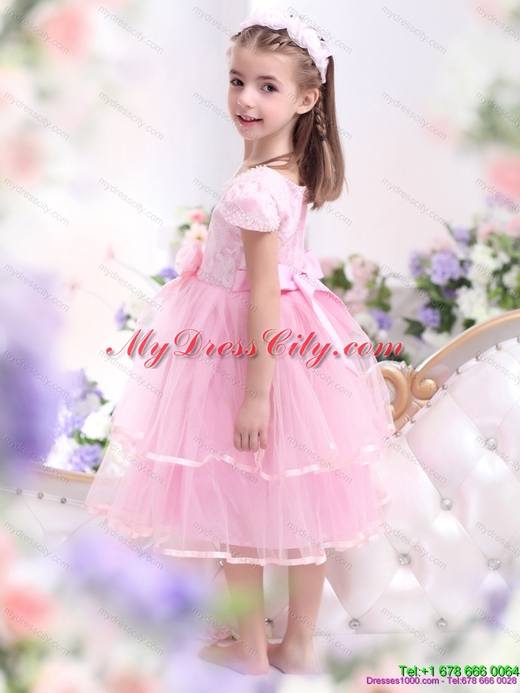 Latest Bownot and Appliques 2015 Flower Girl Dresses in Rose Pink