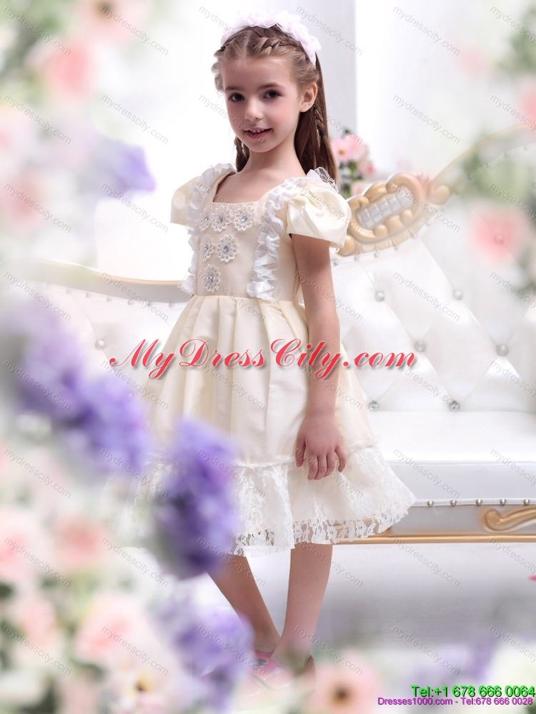 Latest Champagne Flower Girl Dress with Hand Made Flower and Lace