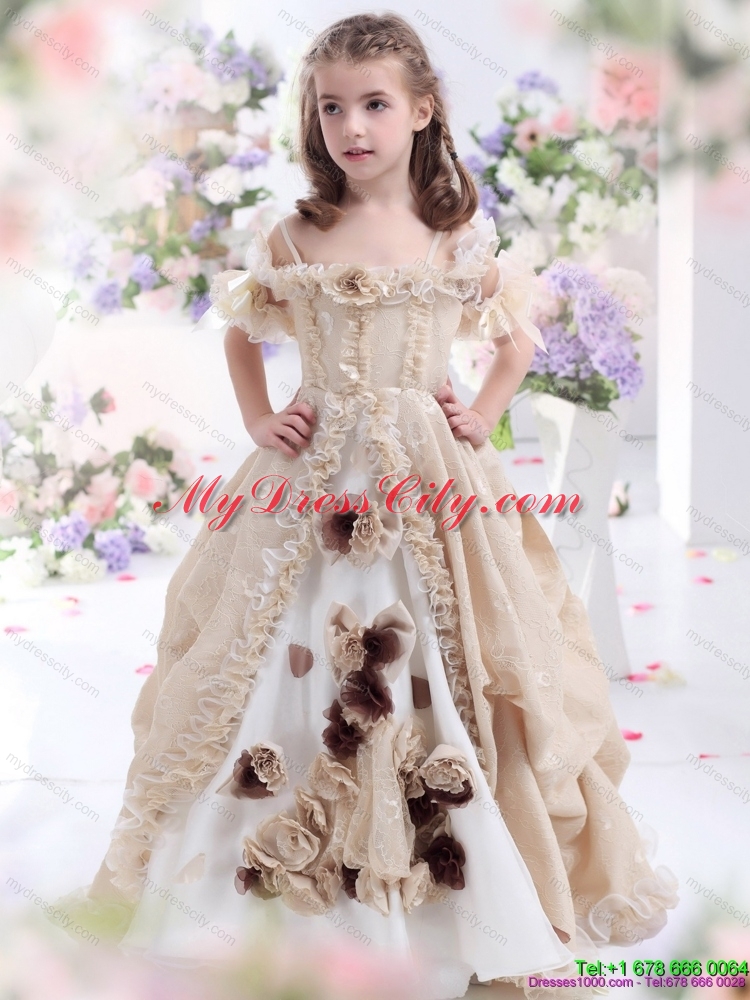 Latest Champagne Spaghetti Straps Flower Girl Dress with Hand Made Flowers and Ruffles