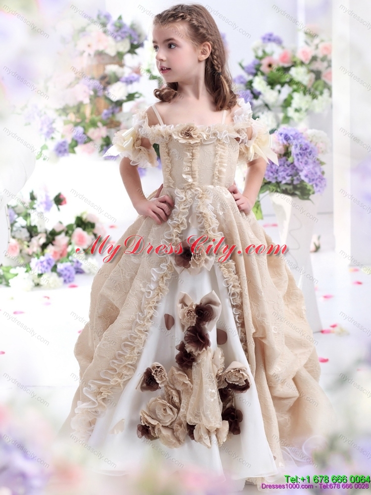 Latest Champagne Spaghetti Straps Flower Girl Dress with Hand Made Flowers and Ruffles