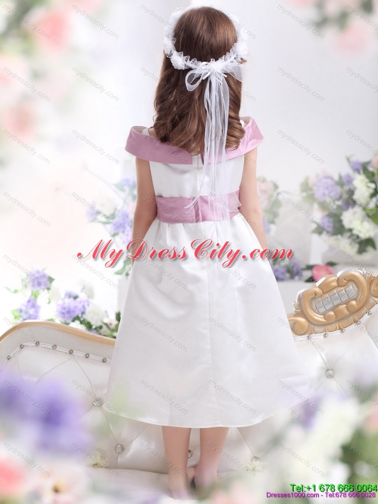 Latest Off The Shoulder White Flower Girl Dresses with Flower and Bowknot