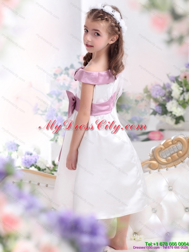 Latest Off The Shoulder White Flower Girl Dresses with Flower and Bowknot