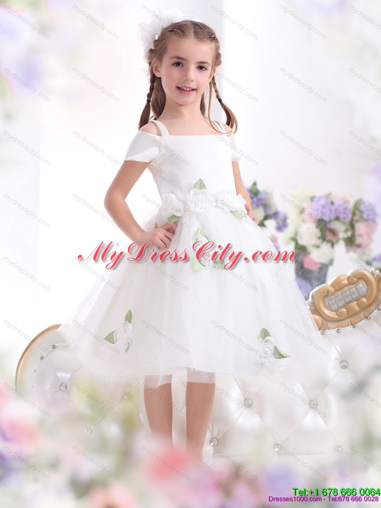 Latest Spaghetti Straps White 2015 Flower Girl Dress with Hand Made Flowers