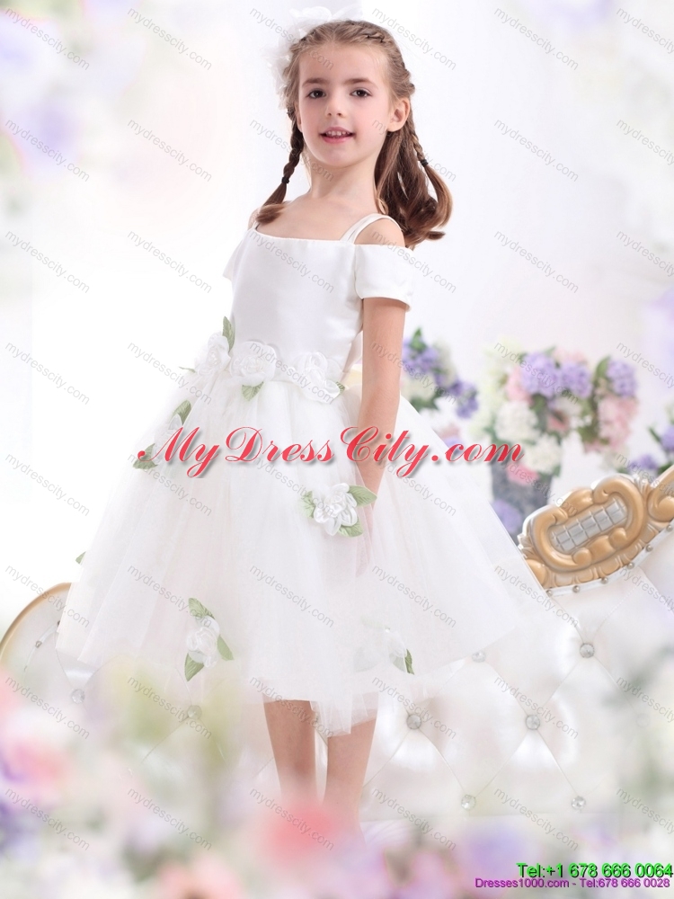 Latest Spaghetti Straps White 2015 Flower Girl Dress with Hand Made Flowers