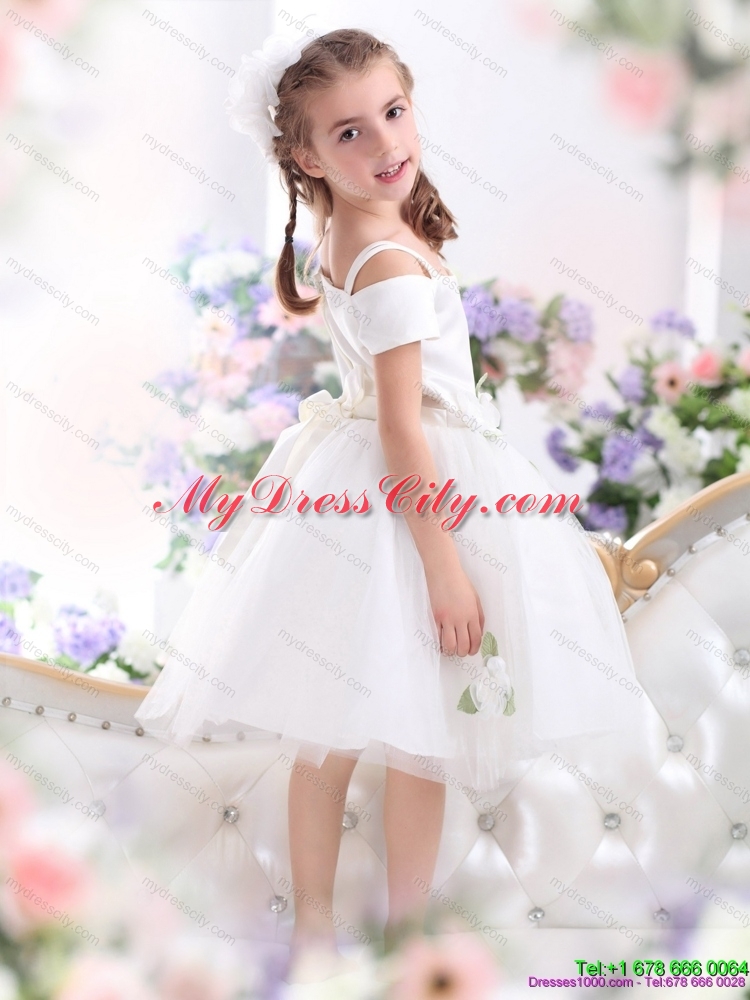 Latest Spaghetti Straps White 2015 Flower Girl Dress with Hand Made Flowers