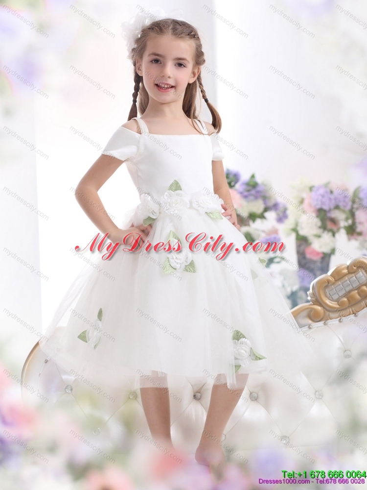 Latest Spaghetti Straps White 2015 Flower Girl Dress with Hand Made Flowers