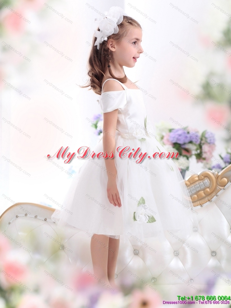 Latest Spaghetti Straps White 2015 Flower Girl Dress with Hand Made Flowers