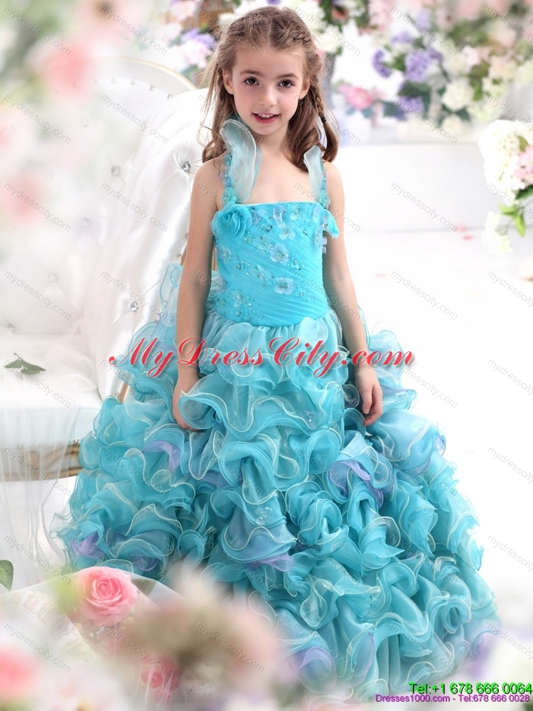 Latest Straps Appliques and Ruffled Layers Pageant Dresses for Kids in Aque Blue