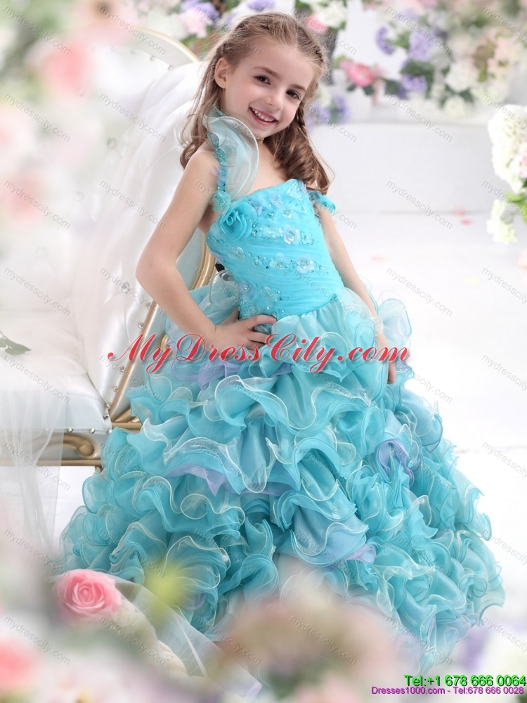 Latest Straps Appliques and Ruffled Layers Pageant Dresses for Kids in Aque Blue