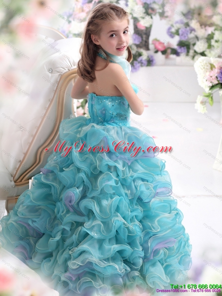 Latest Straps Appliques and Ruffled Layers Pageant Dresses for Kids in Aque Blue