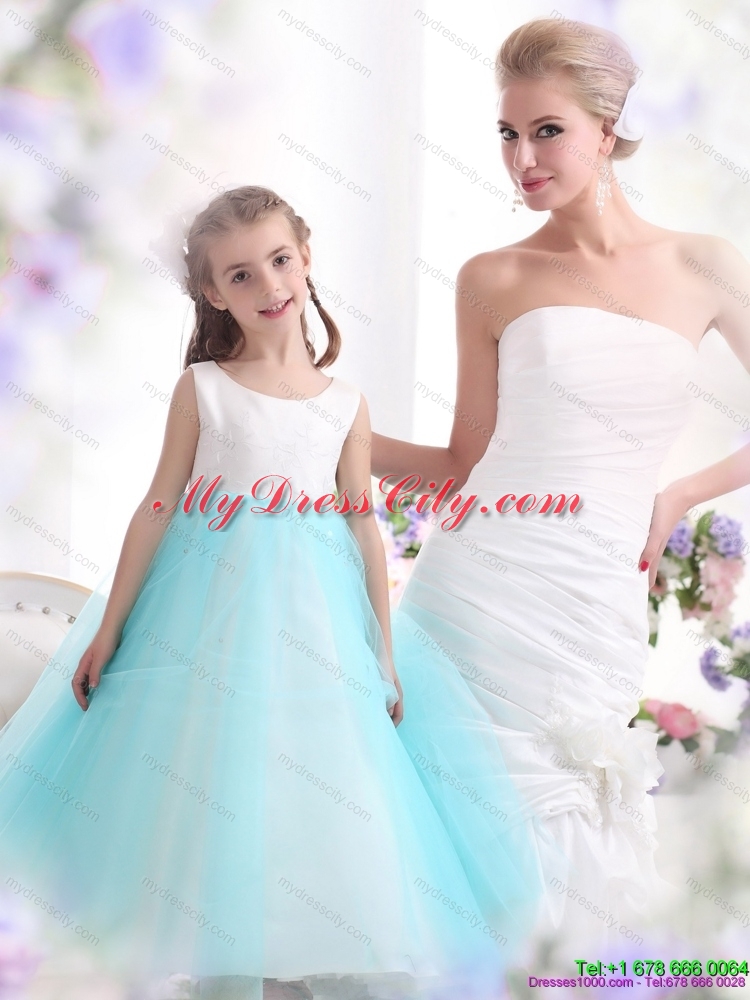 Latest White and Baby Blue Scoop Flower Girl Dress for 2015