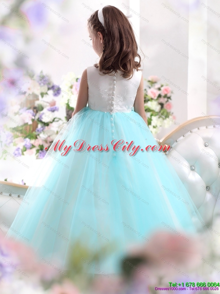 Latest White and Baby Blue Scoop Flower Girl Dress for 2015