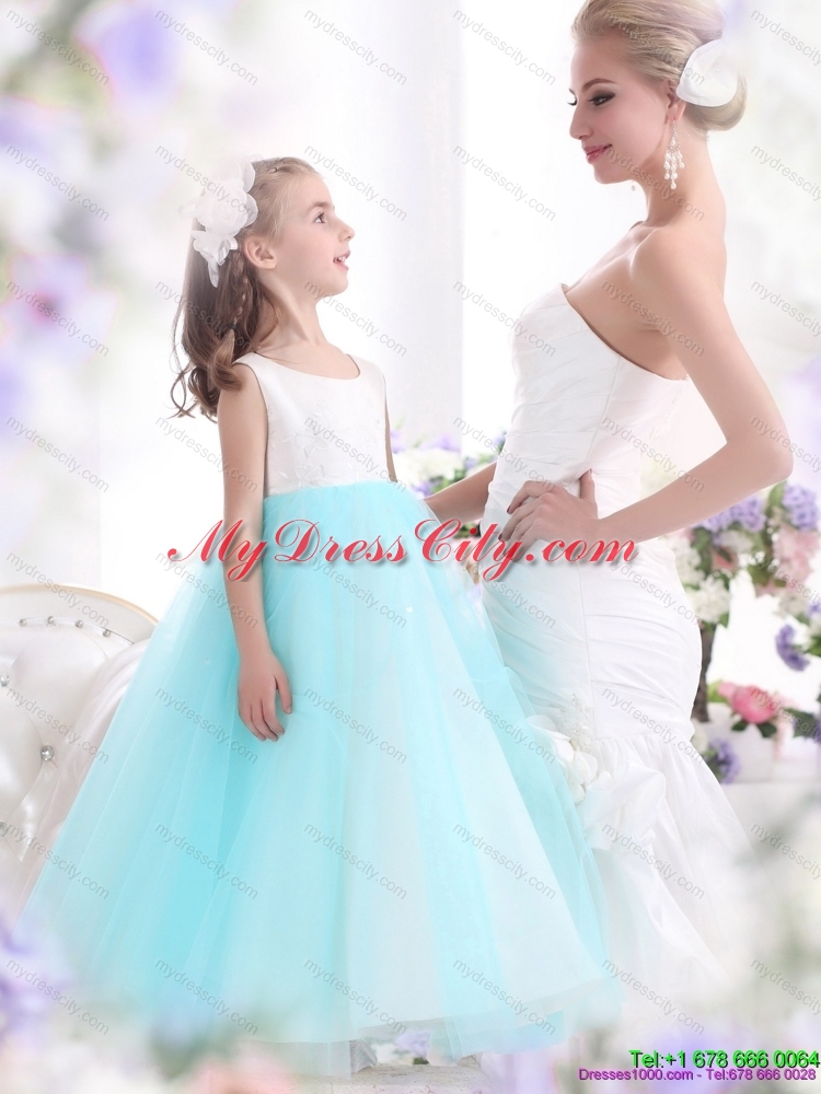 Latest White and Baby Blue Scoop Flower Girl Dress for 2015