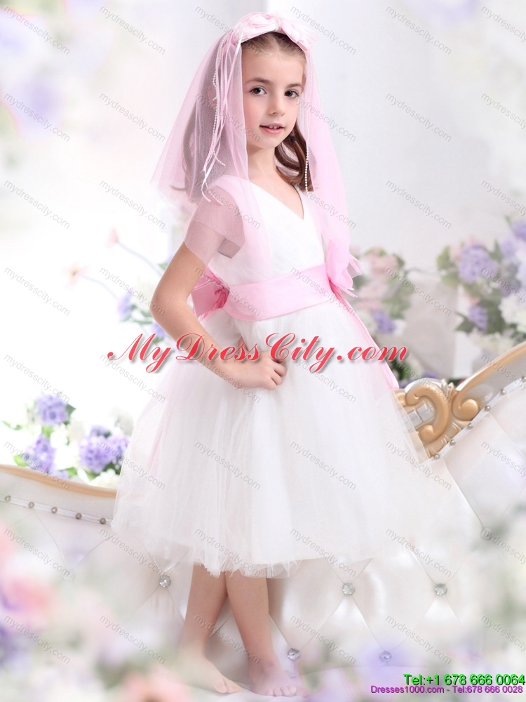 Latest White Flower Girl Dress with Baby Pink Waistband and Hand Made Flower