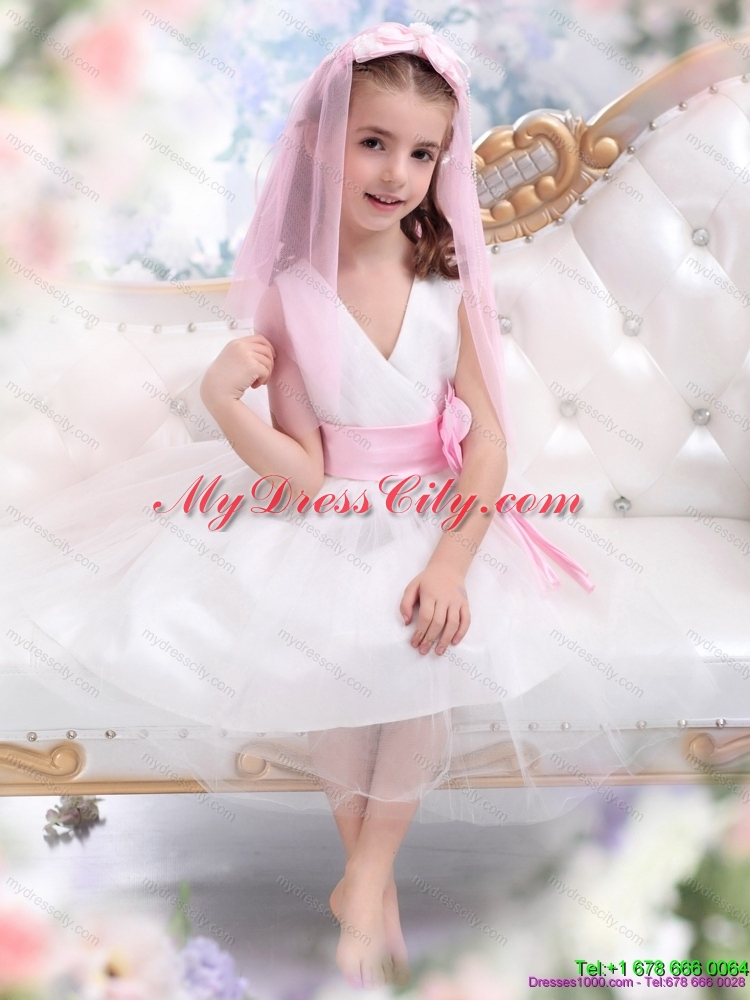 Latest White Flower Girl Dress with Baby Pink Waistband and Hand Made Flower