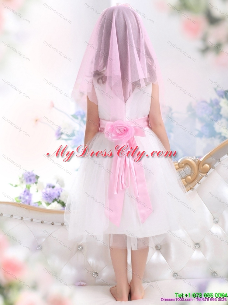 Latest White Flower Girl Dress with Baby Pink Waistband and Hand Made Flower