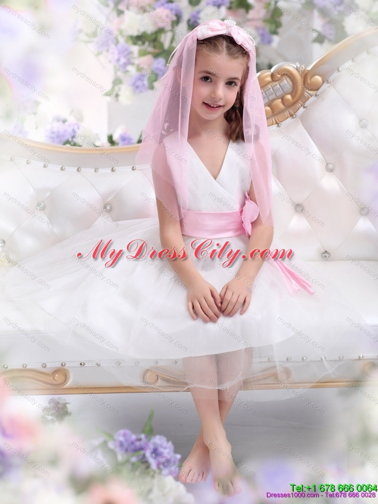 Latest White Flower Girl Dress with Baby Pink Waistband and Hand Made Flower