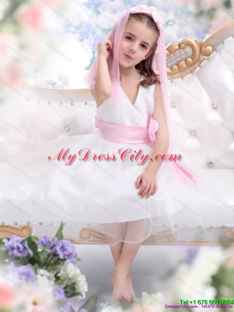 Latest White Flower Girl Dress with Baby Pink Waistband and Hand Made Flower