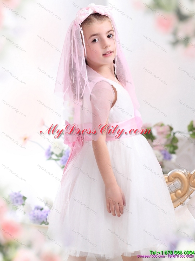 Latest White Flower Girl Dress with Baby Pink Waistband and Hand Made Flower