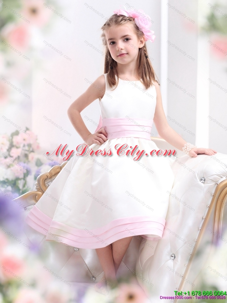 Latest White Scoop Flower Girl Dress with Light Pink Bownot