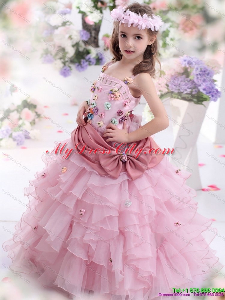 Rose Pink Girls Party Dress with Hand Made Flowers and Ruffled Layers