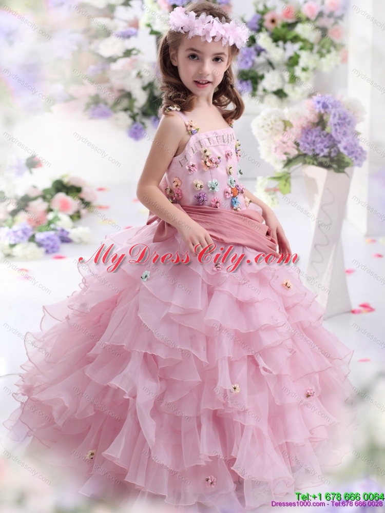 Rose Pink Girls Party Dress with Hand Made Flowers and Ruffled Layers