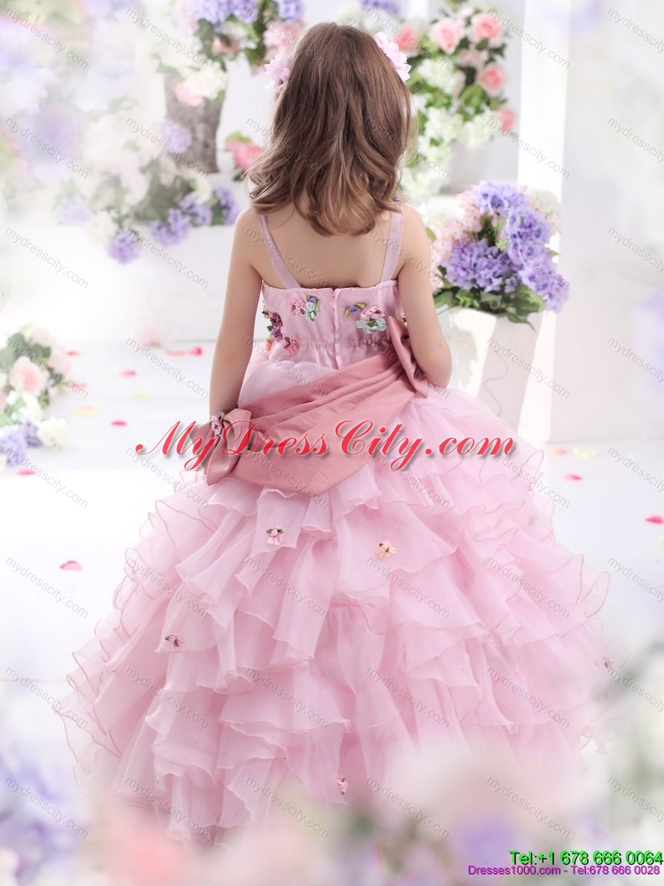 Rose Pink Girls Party Dress with Hand Made Flowers and Ruffled Layers