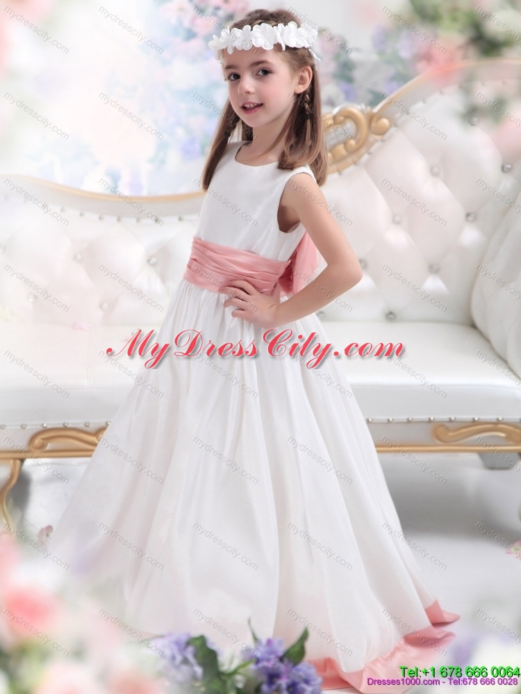 White Scoop 2015 Girls Party Dresses with Pink Waistband