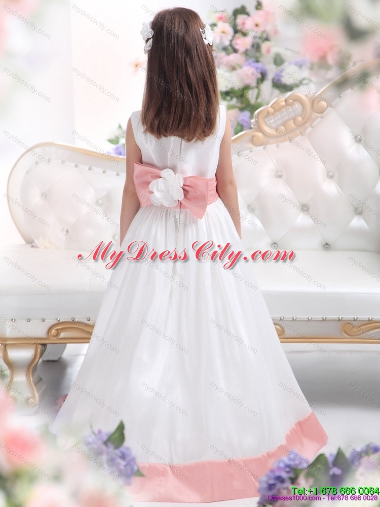 White Scoop 2015 Girls Party Dresses with Pink Waistband