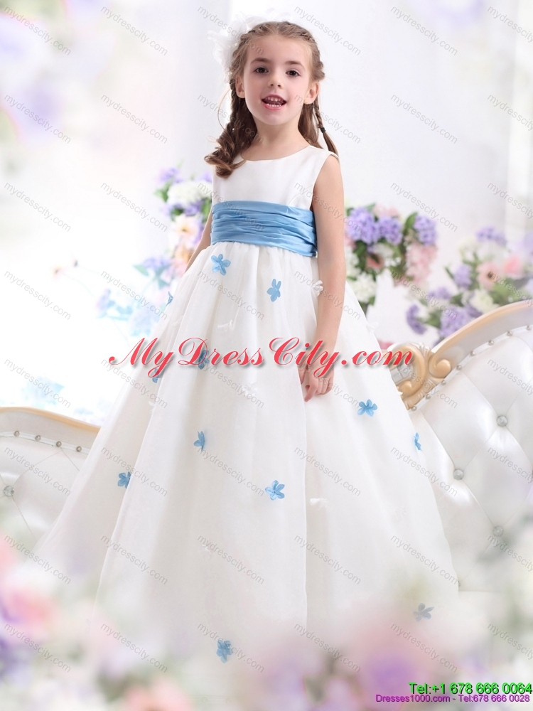 White Scoop Girls Party Dresses with Baby Blue Waistband and Appliques