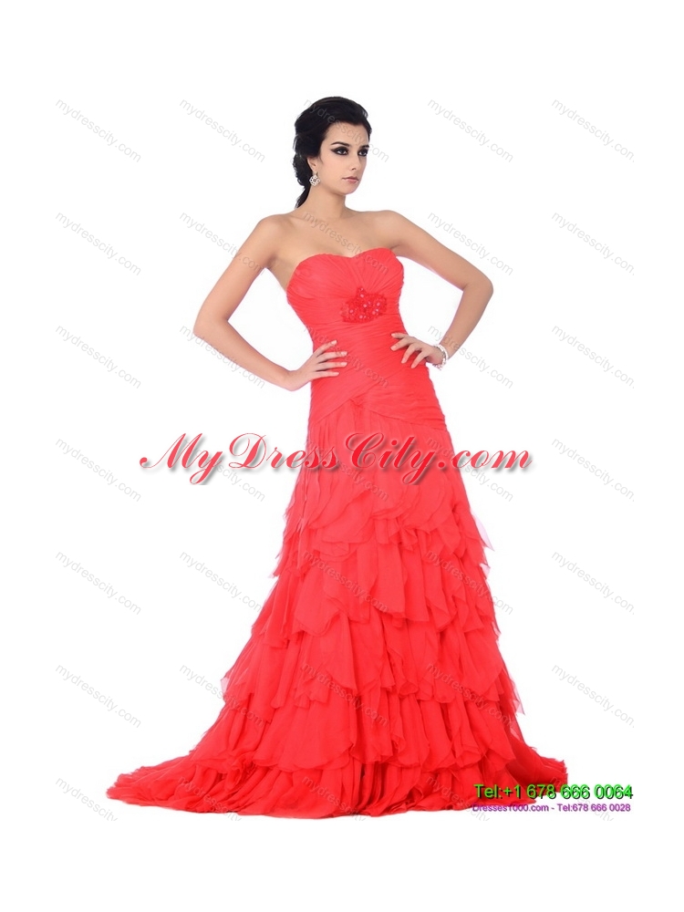 Brush Train Prom Dresses with Ruffled Layers and Beading