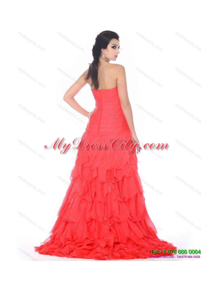 Brush Train Prom Dresses with Ruffled Layers and Beading