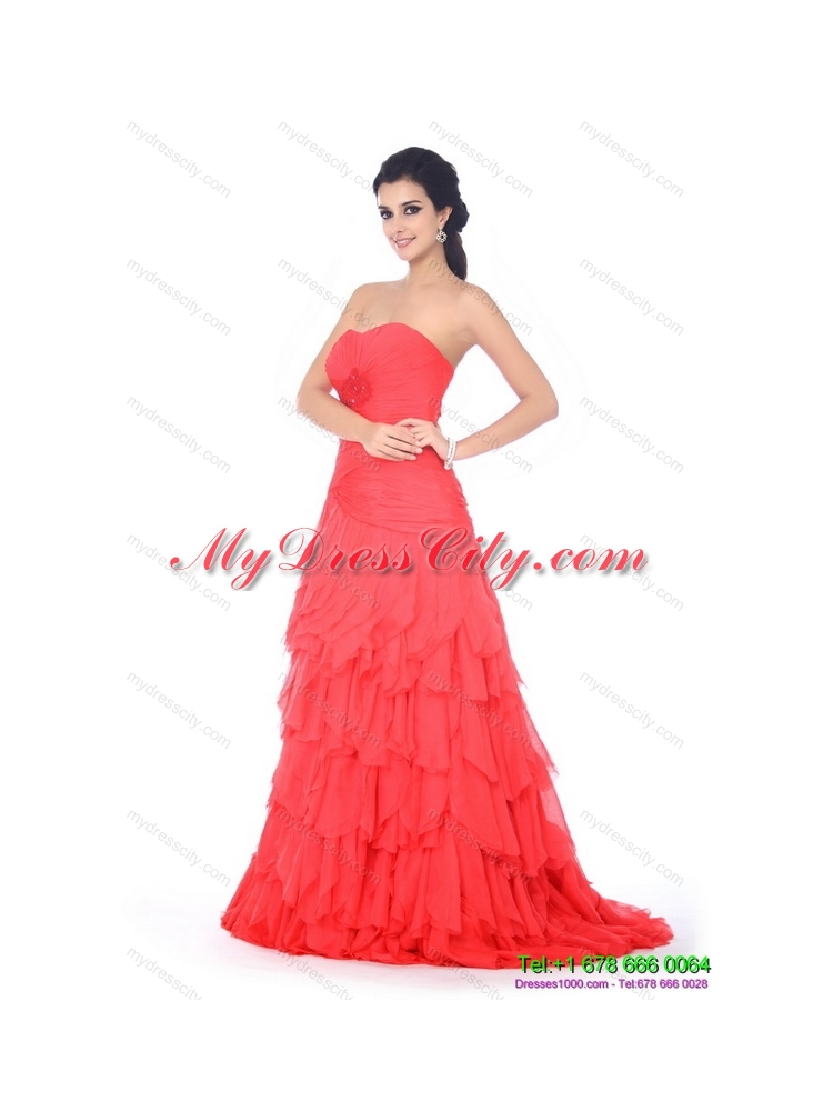 Brush Train Prom Dresses with Ruffled Layers and Beading