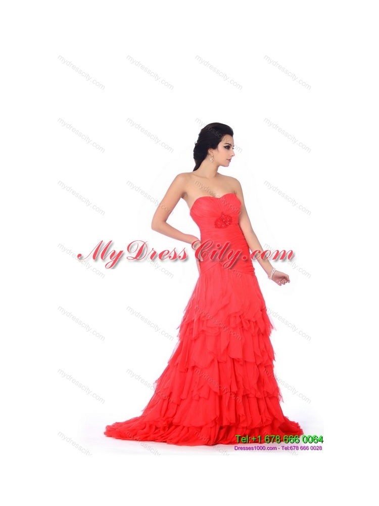 Brush Train Prom Dresses with Ruffled Layers and Beading