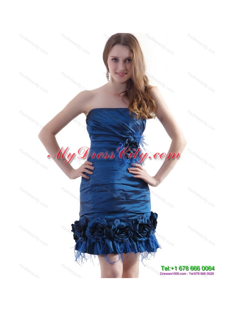 Elegant Ruching Strapless Prom Dresses with Hand Made Flowers