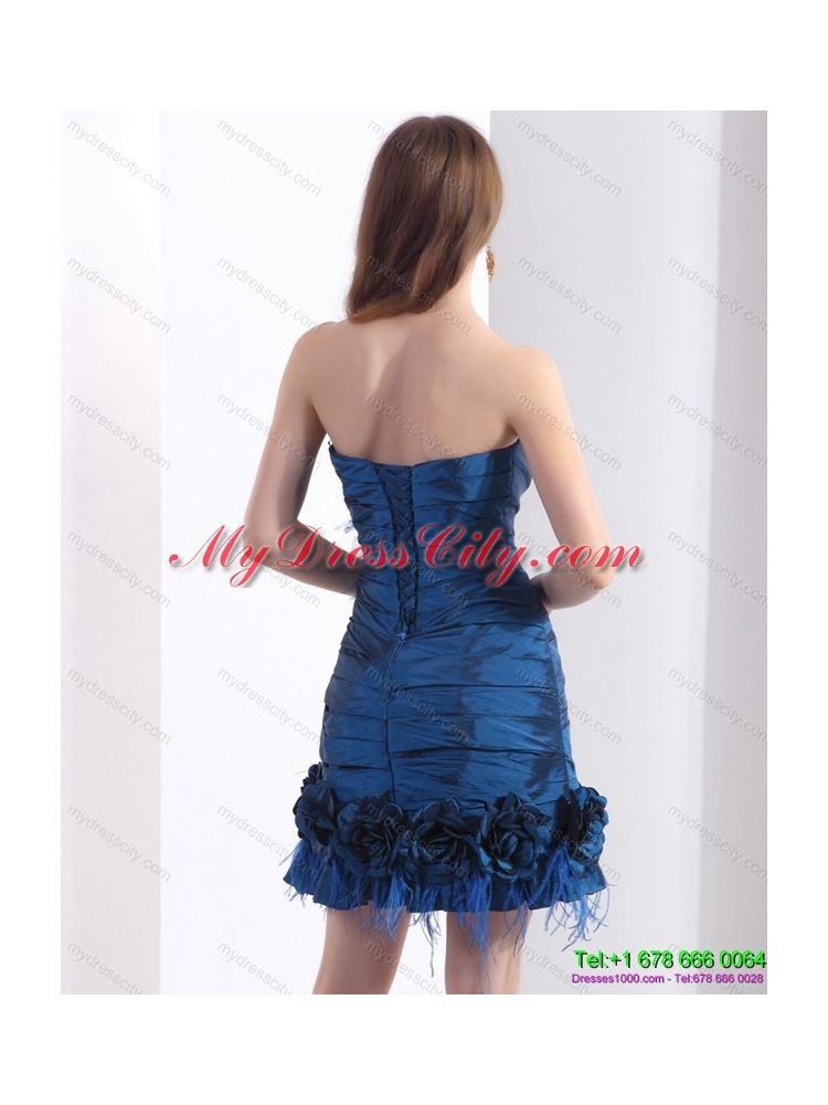 Elegant Ruching Strapless Prom Dresses with Hand Made Flowers