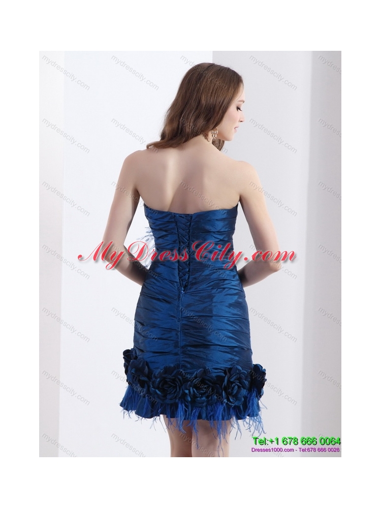 Elegant Ruching Strapless Prom Dresses with Hand Made Flowers