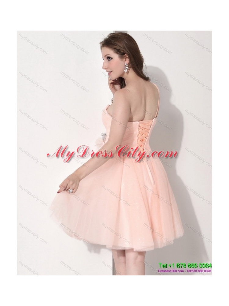 Mini Length One Shoulder Prom Dresses with Hand Made Flower