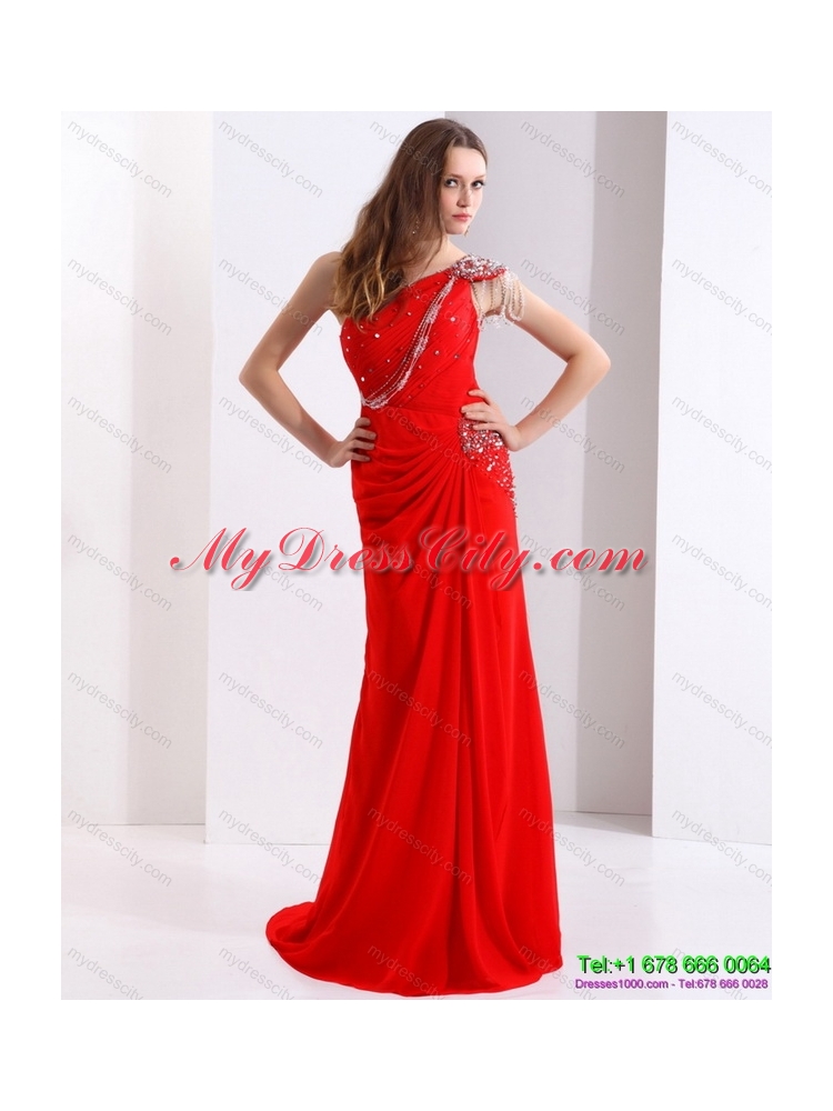 Elegant 2015 One Shoulder Red Prom Dress with Beadings and Brush Train