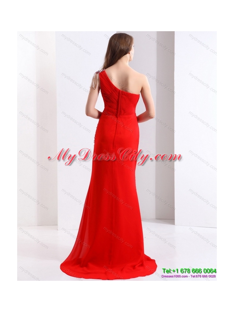 Elegant 2015 One Shoulder Red Prom Dress with Beadings and Brush Train