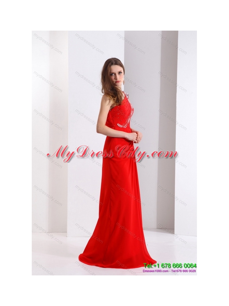 Elegant 2015 One Shoulder Red Prom Dress with Beadings and Brush Train