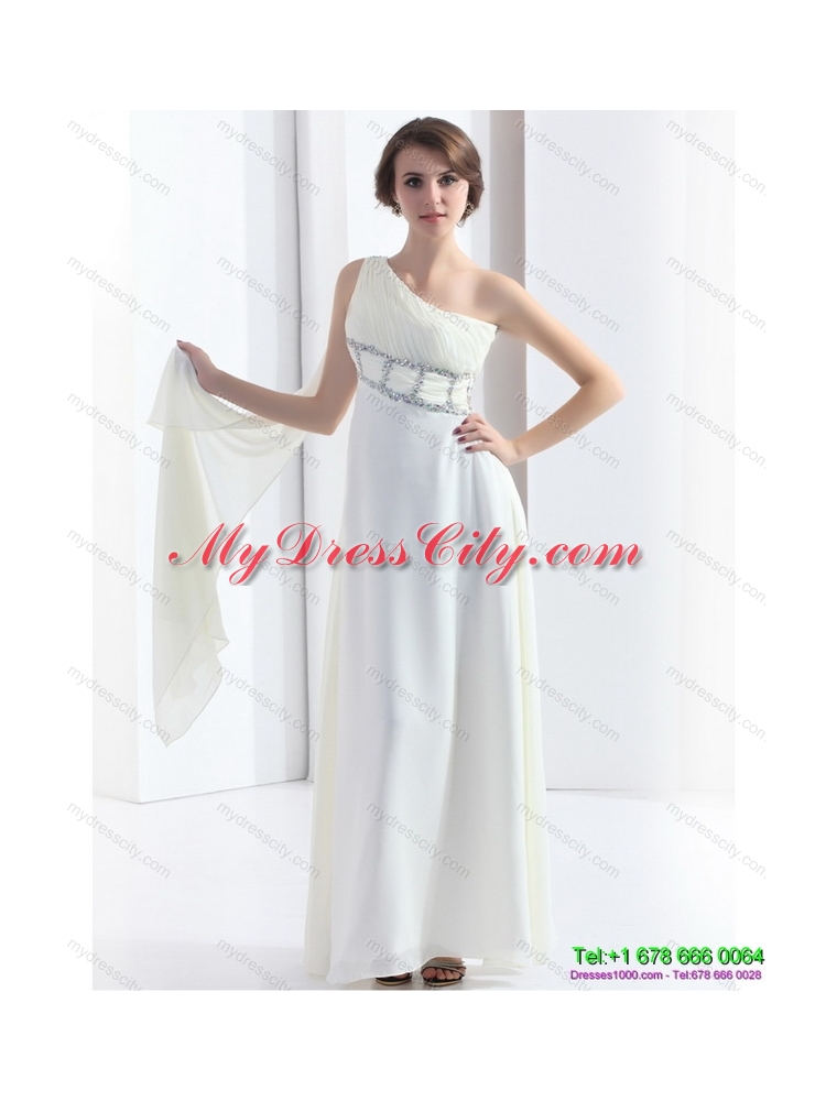 2015 New Style One Shoulder White Prom Dress with Watteau Train and Beading