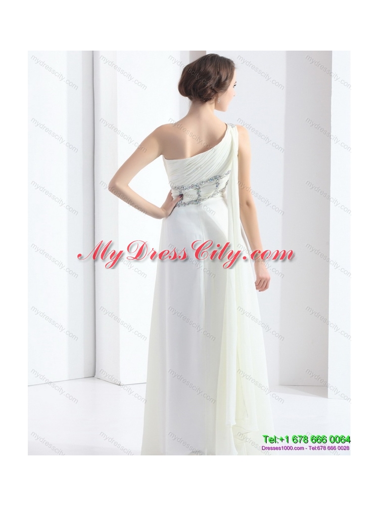 2015 New Style One Shoulder White Prom Dress with Watteau Train and Beading