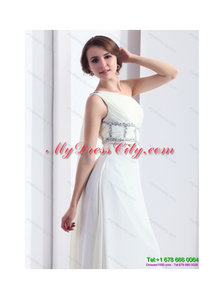 2015 New Style One Shoulder White Prom Dress with Watteau Train and Beading