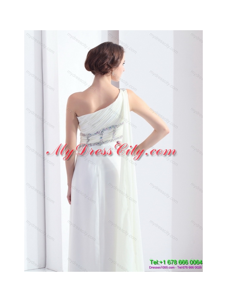 2015 New Style One Shoulder White Prom Dress with Watteau Train and Beading