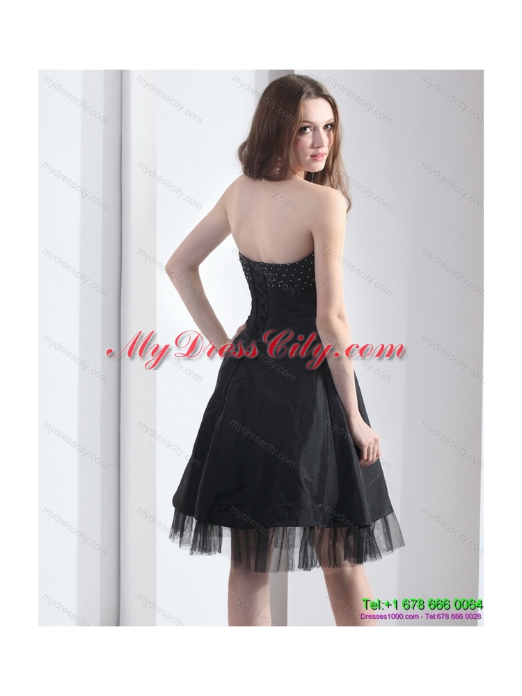 2015 Romantic Strapless Black Prom Dress with Ruching and Beading