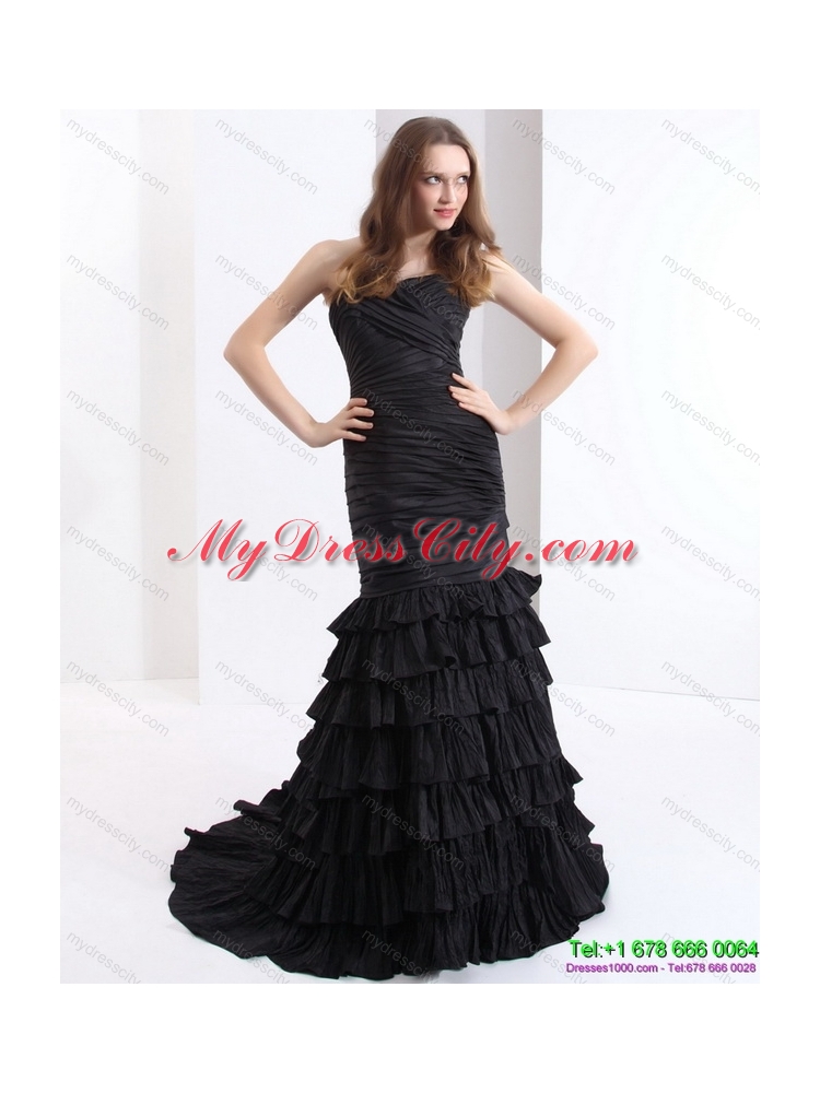 Brush Train Pleated Black Prom Dresses with One Shoulder and Ruffled Layers