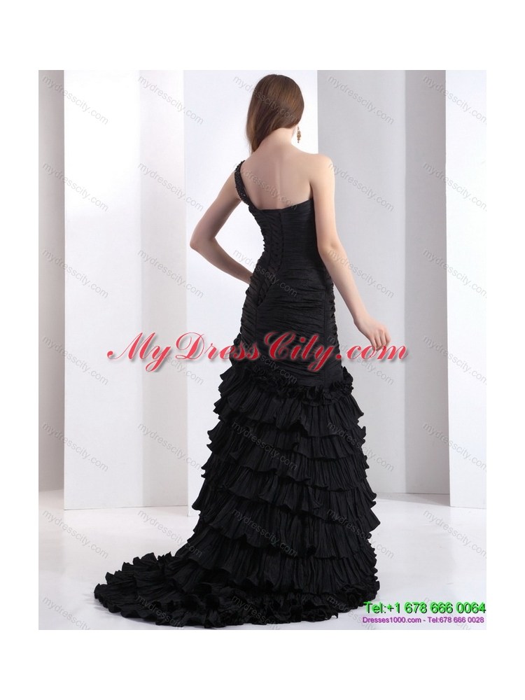 Brush Train Pleated Black Prom Dresses with One Shoulder and Ruffled Layers